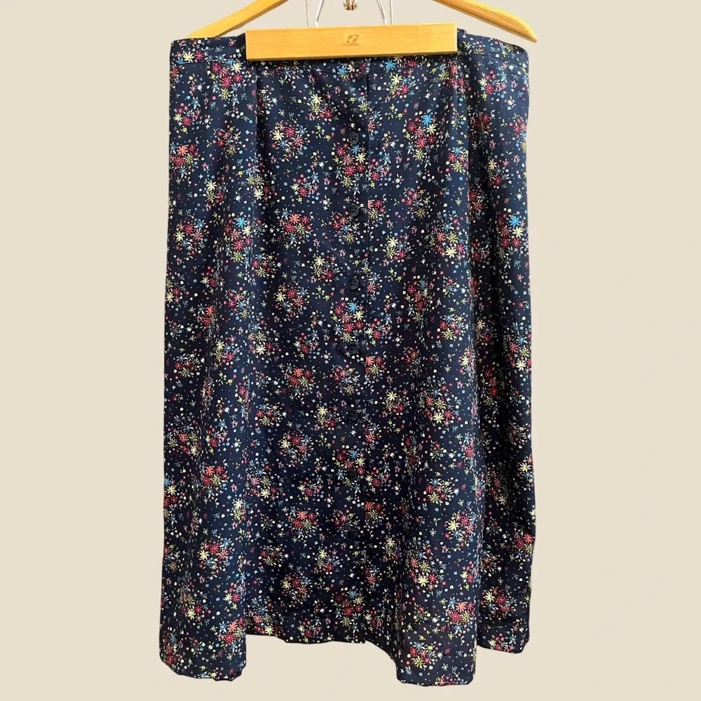 C.J. Banks Midi Skirt Womens 18W Navy Floral Button Front Elastic Back A-Line